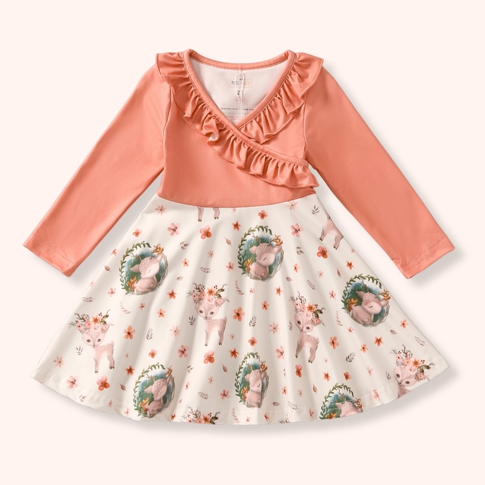 Girls' Peach and White Deer Print Casual Dress